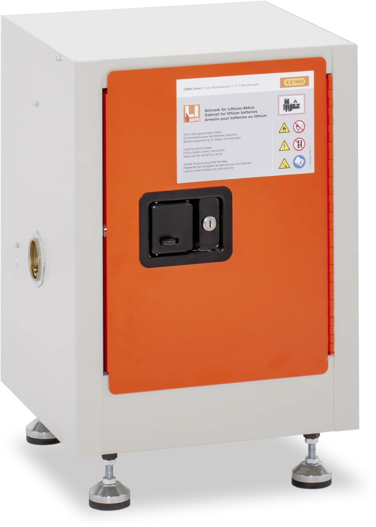 CEMO FMplus battery-operated fire-resistant cabinet with charging unit, US, 230 V, grey, right-opening door, orange doors, feet